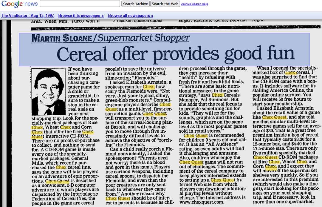 Chex Quest Video Game The Vindicator Article 1997.png