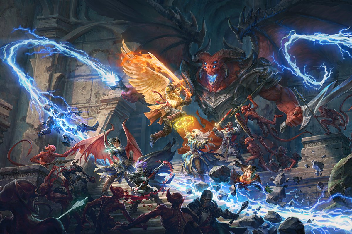 Pathfinder: Wrath of the Righteous key art - many characters battle a large monster