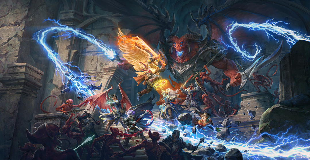 Pathfinder: Wrath of the Righteous key art - many characters battle a large monster